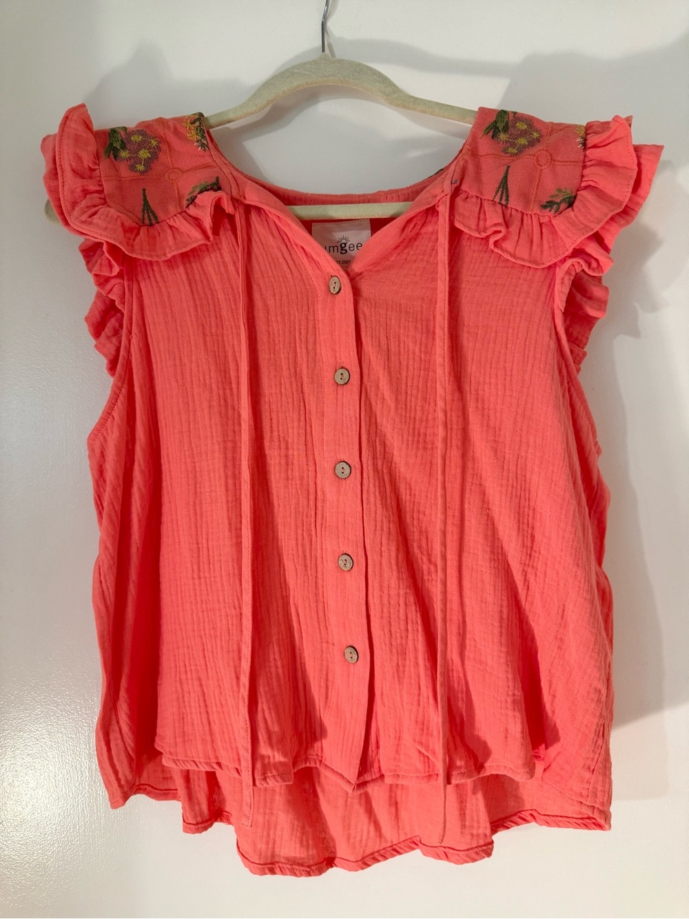 Umgee Coral Pink Floral Embroidered RuffleSleeve Boho Top Large NWT